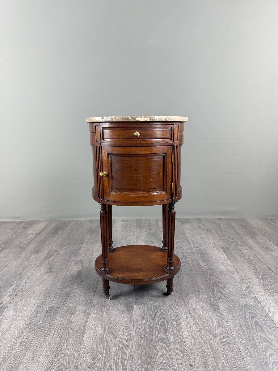 Half-moon side table in mahogany and marble, Louis XVI style, 19th century.