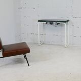 Tubular steel console, black glass tray, circa 1950