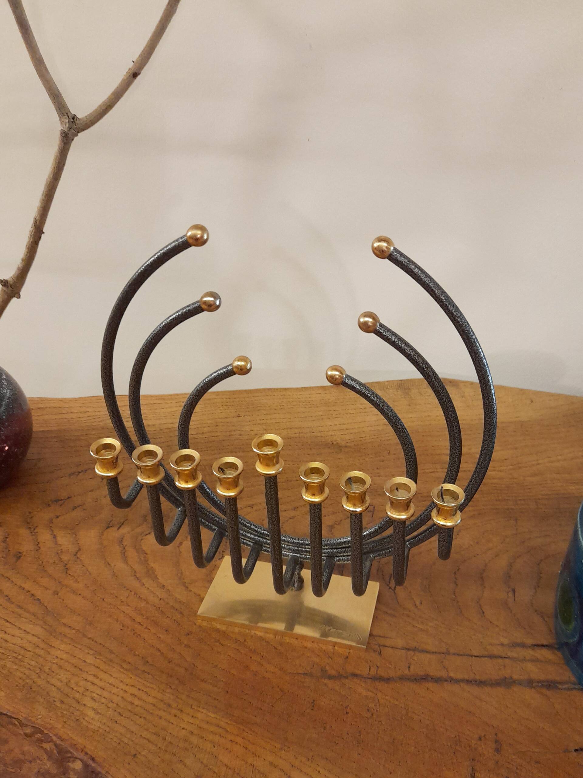 Menorah Hanoukia gold and silver plated, made in Israel by Karshi, 1970