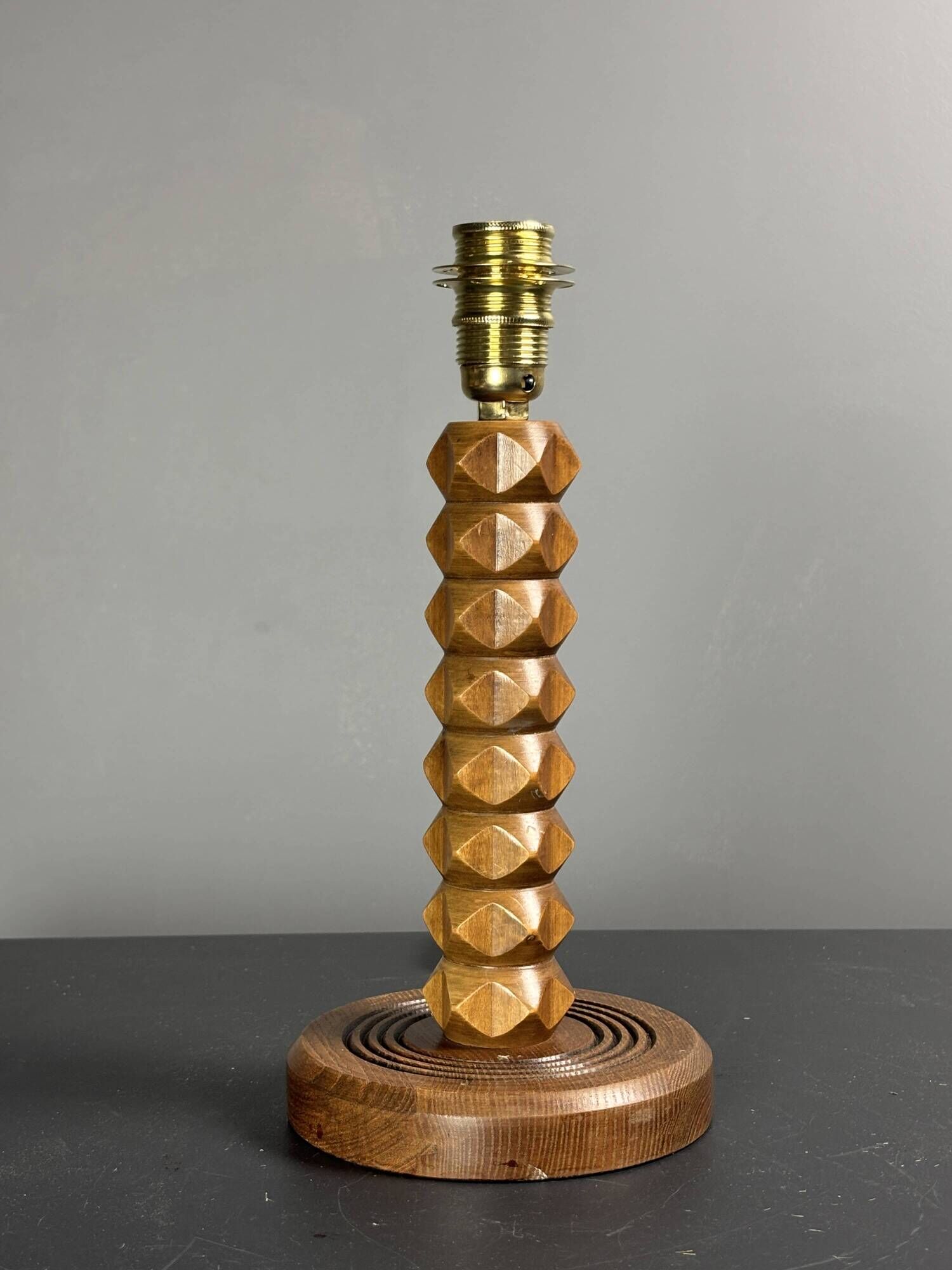 Mid-Century modern brutalist wood turned table lamp Charles Dudouyt style