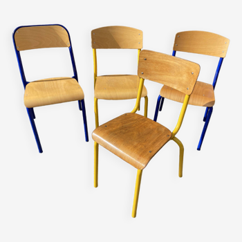 4 chaises école dépareillées multicolore industrielle école vintage collectivités Mullca DELAGRAVE f