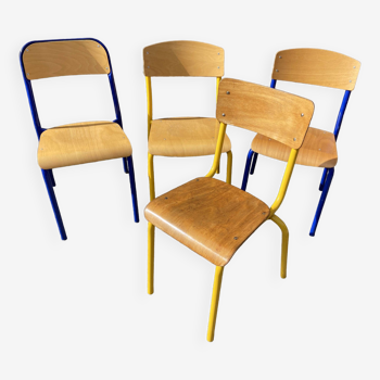 4 mismatched school chairs multicolor industrial vintage school community Mullca DELAGRAVE f