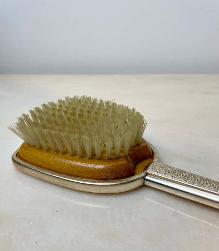 Toiletry set - metal and silk brush and hand mirror England from the 50s