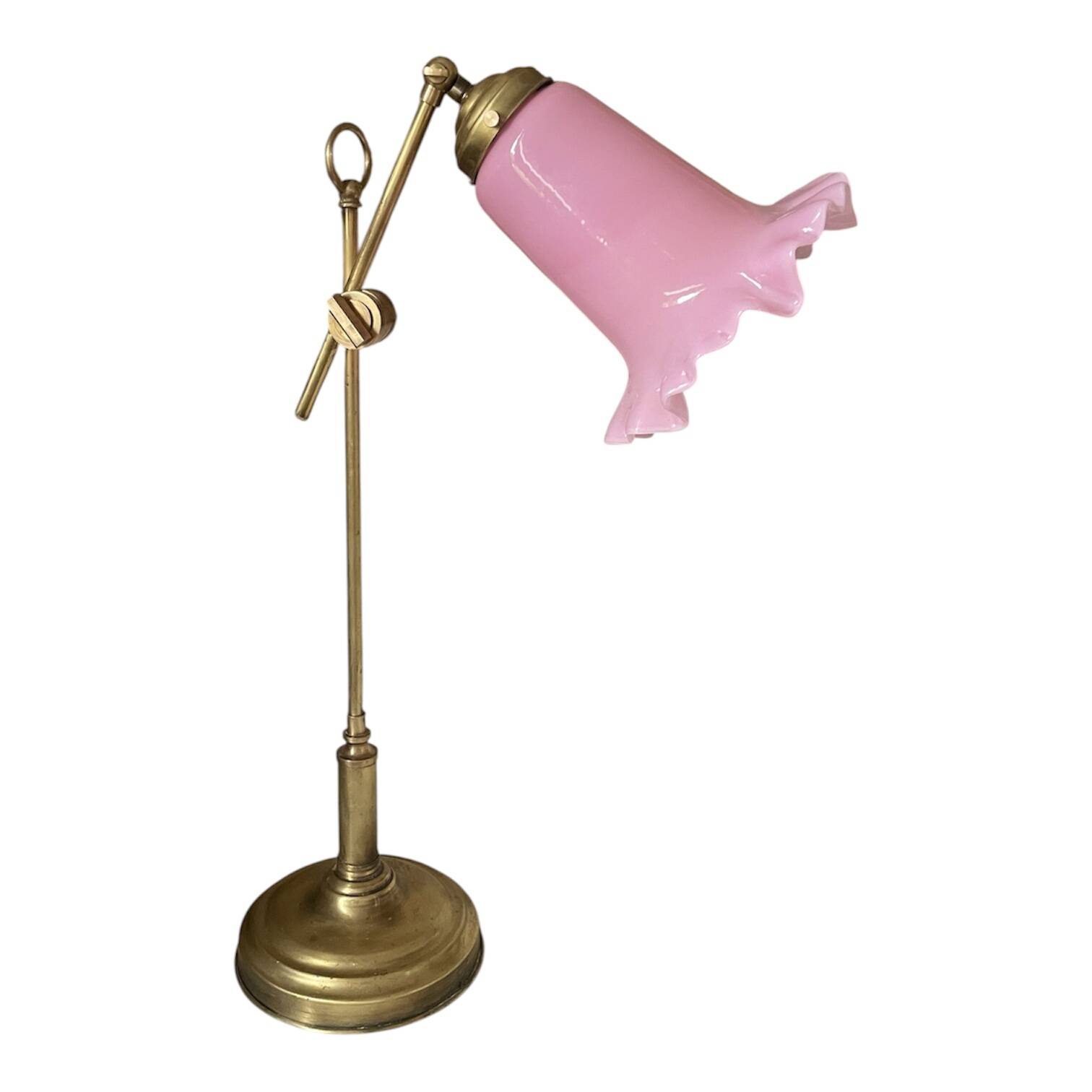 Large vintage lamp in brass with a pink opaline shade.