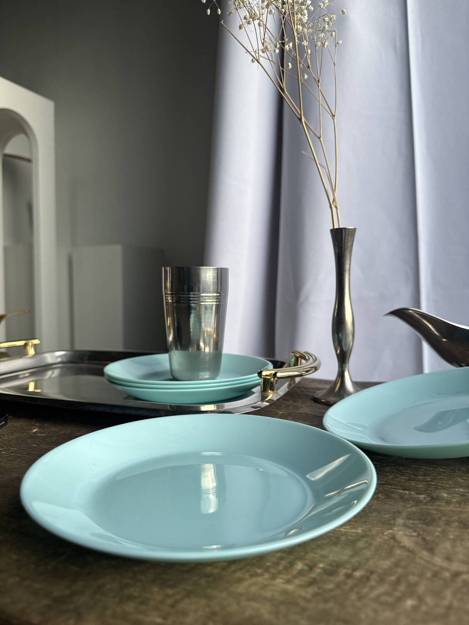 Set of 6 vintage turquoise blue dessert plates D18