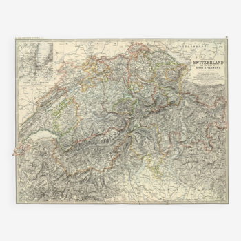 Antique Map of Switzerland circa 1869, W.A.K Johnston General Atlas