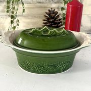 Christmas Terrine with Holly Lid, Green Ceramic Serving Dish, Vintage