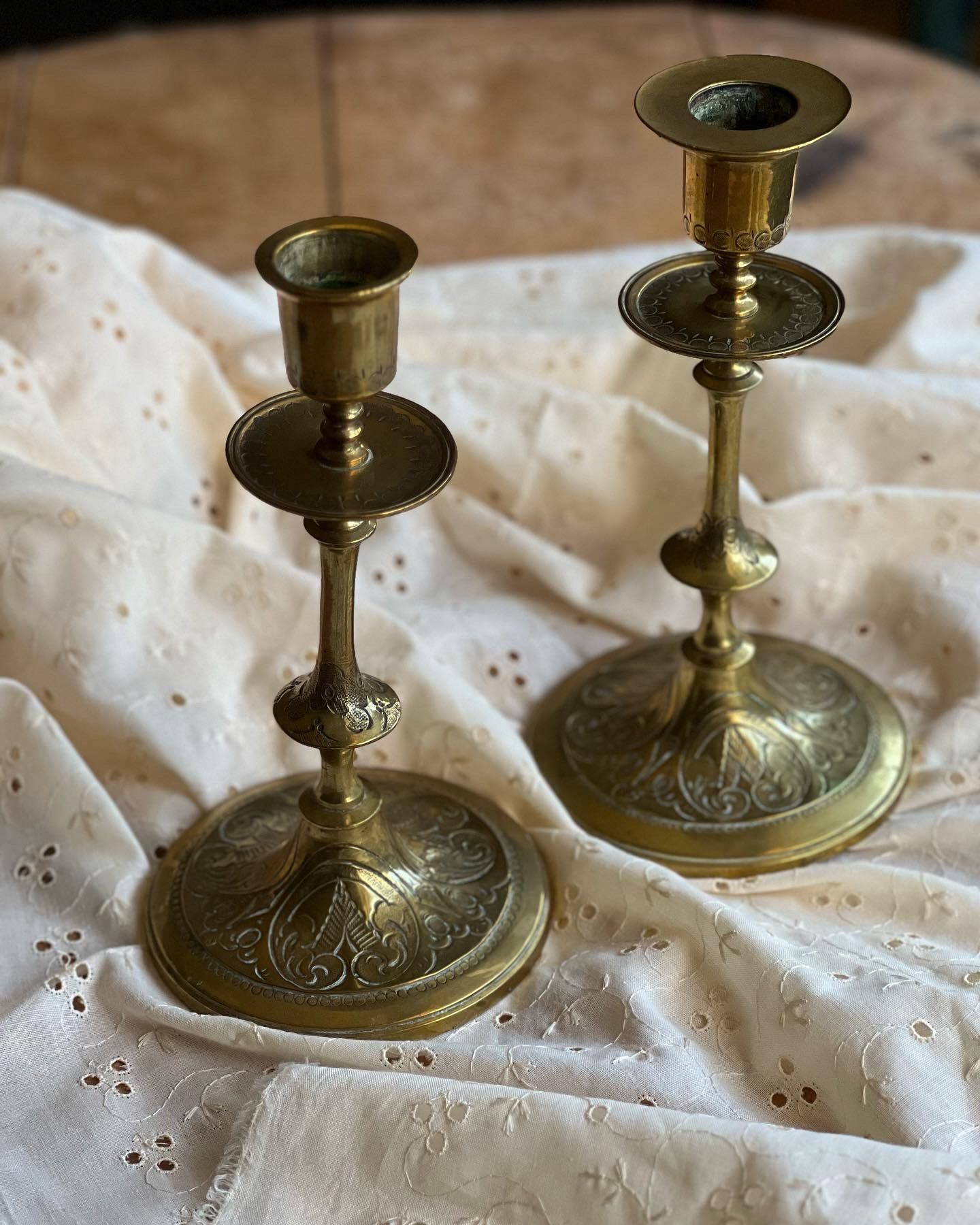 Solid brass candle holder with engraved patterns