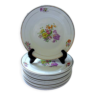 Suite de douze assiettes de tables (plates) à décor floral
