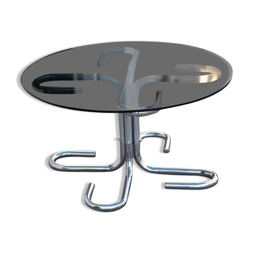 Table basse ronde verre fumé Inox Italie 70 | Selency