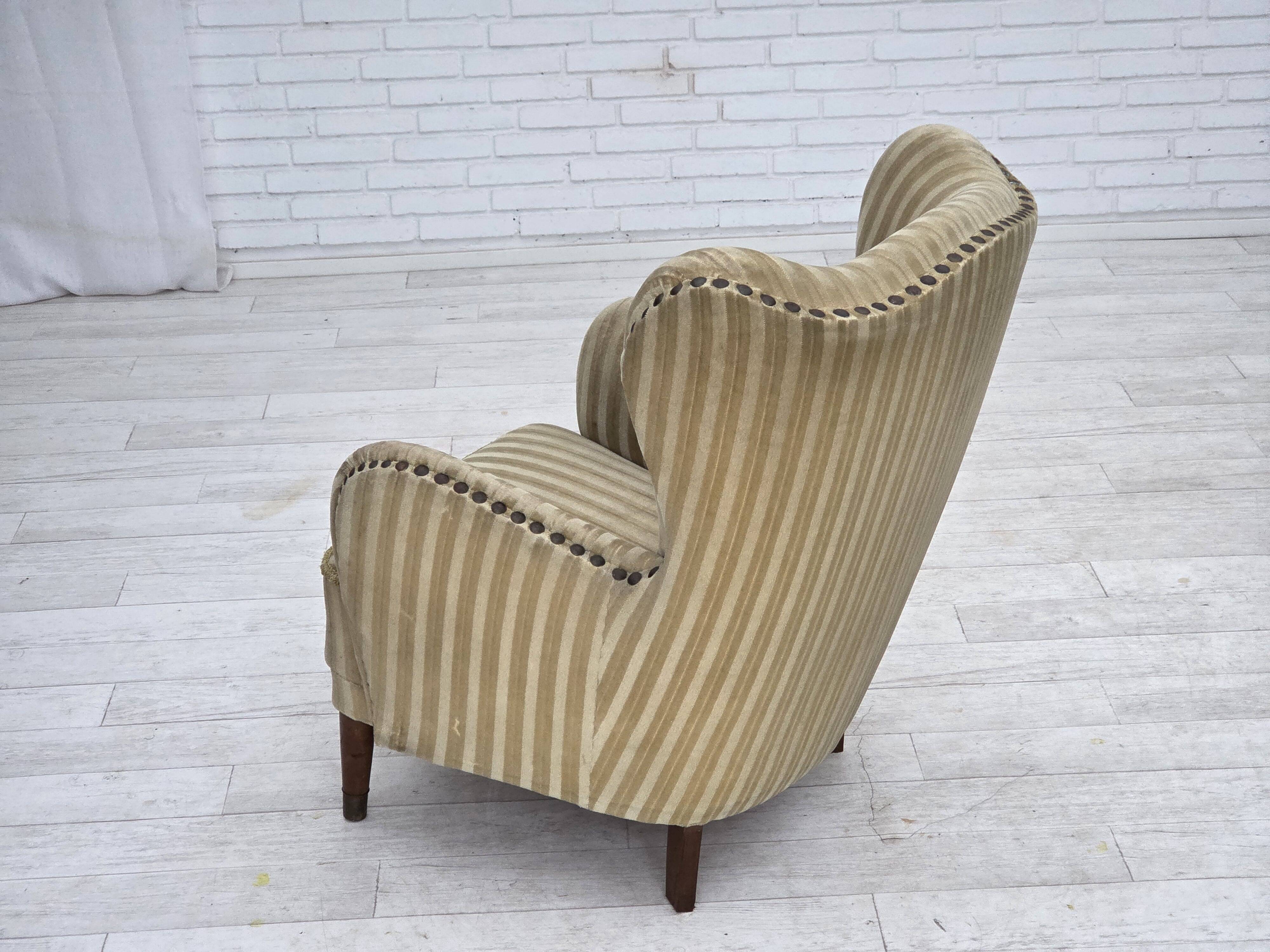 1960s, Danish armchair, light green furniture velour, beech wood.