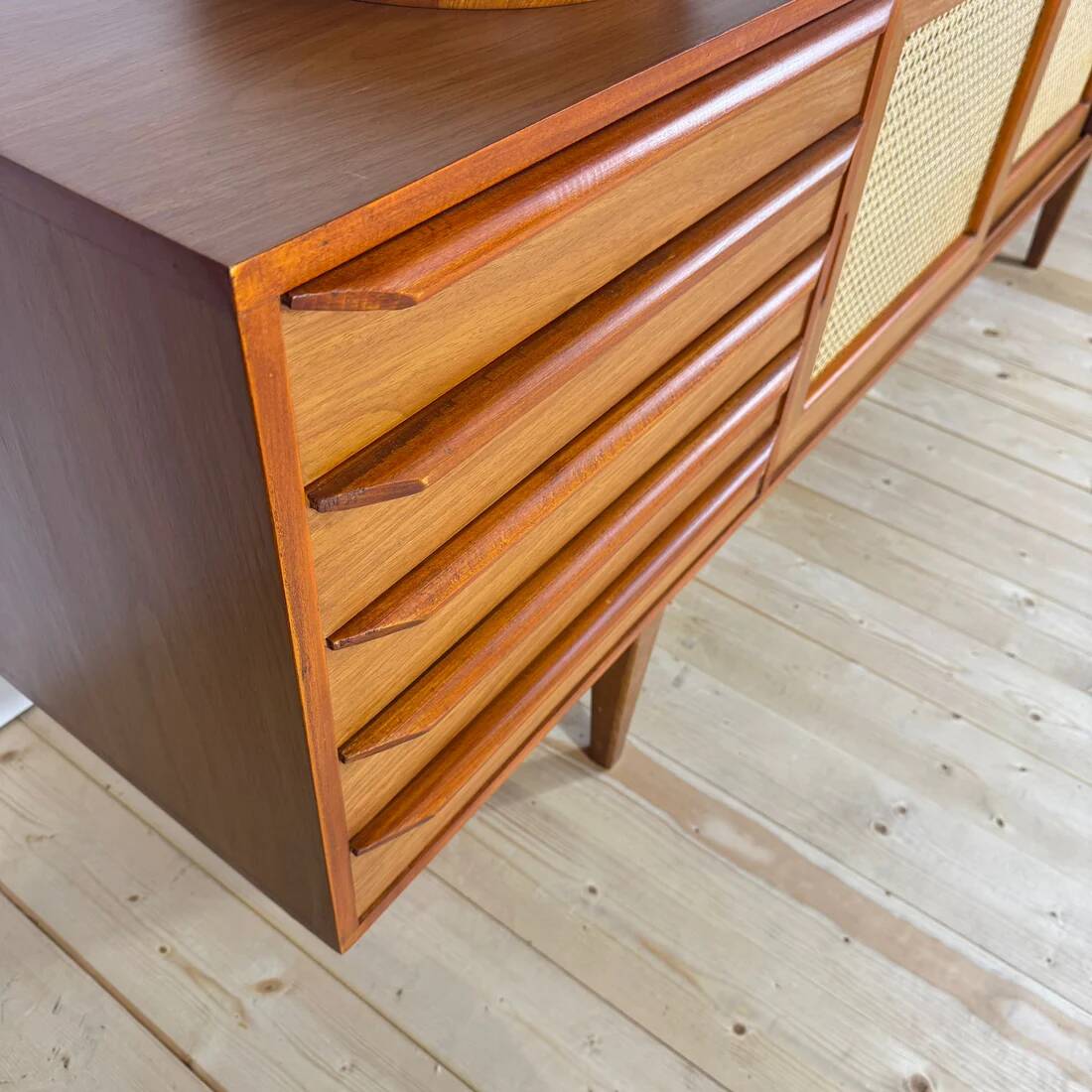Vintage teak sideboard with rattan doors and drawers – Scandinavian design