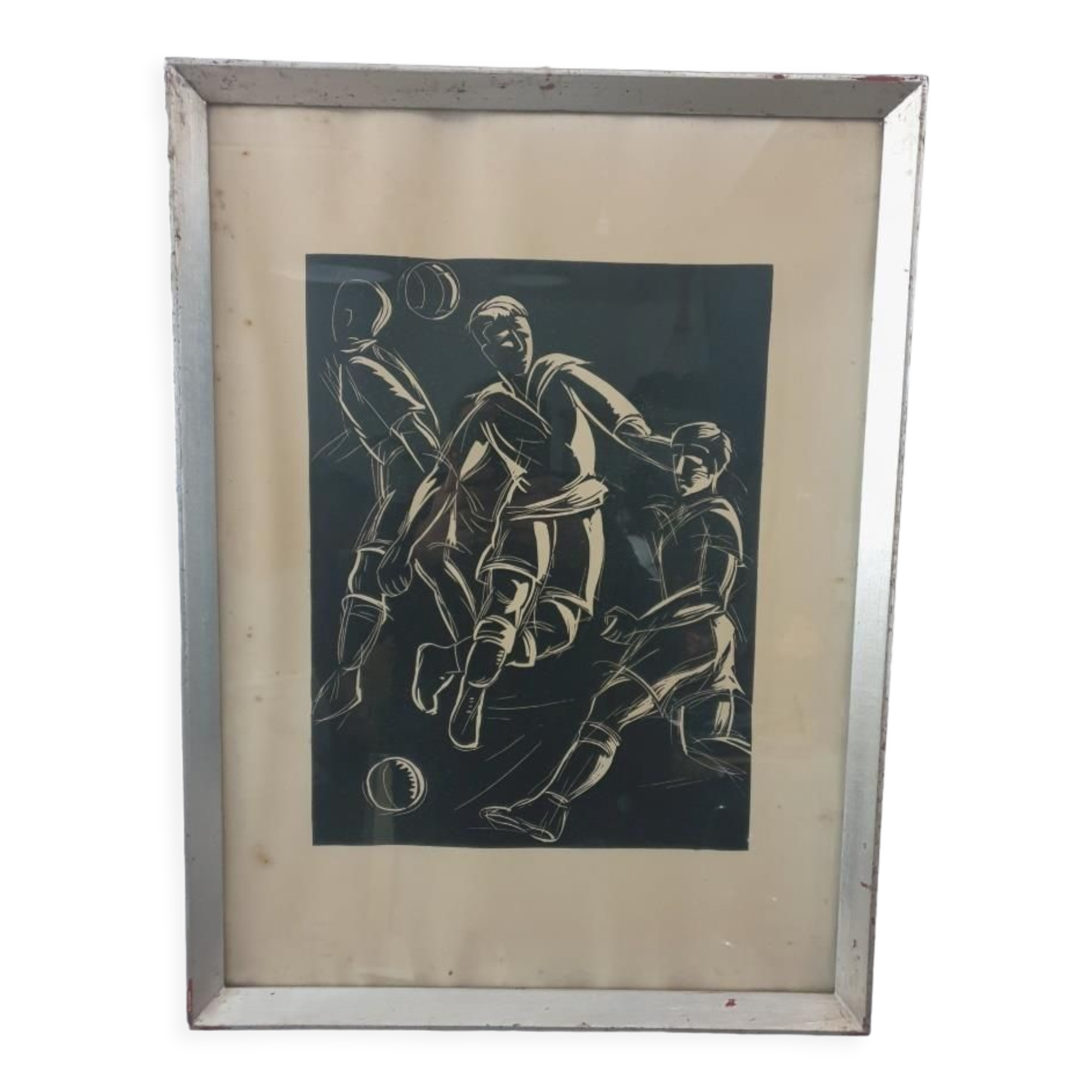 Linocut foot ball - art deco painting - vintage sport