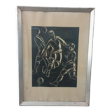 Linocut foot ball - art deco painting - vintage sport