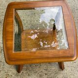 Scandinavian square coffee table, curved wood and glass, 60cm