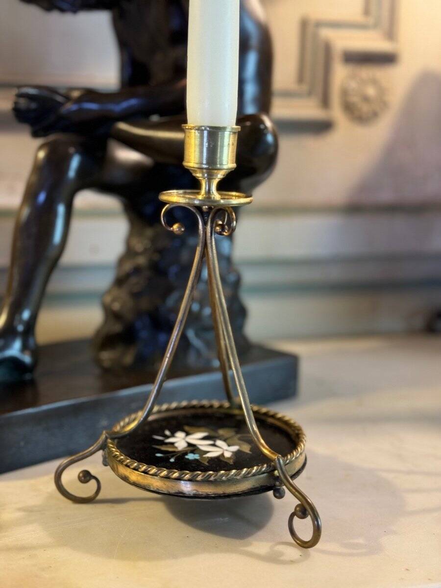 Pair of bronze candlesticks with pietra dura, marble marquetry, circa 1900.
