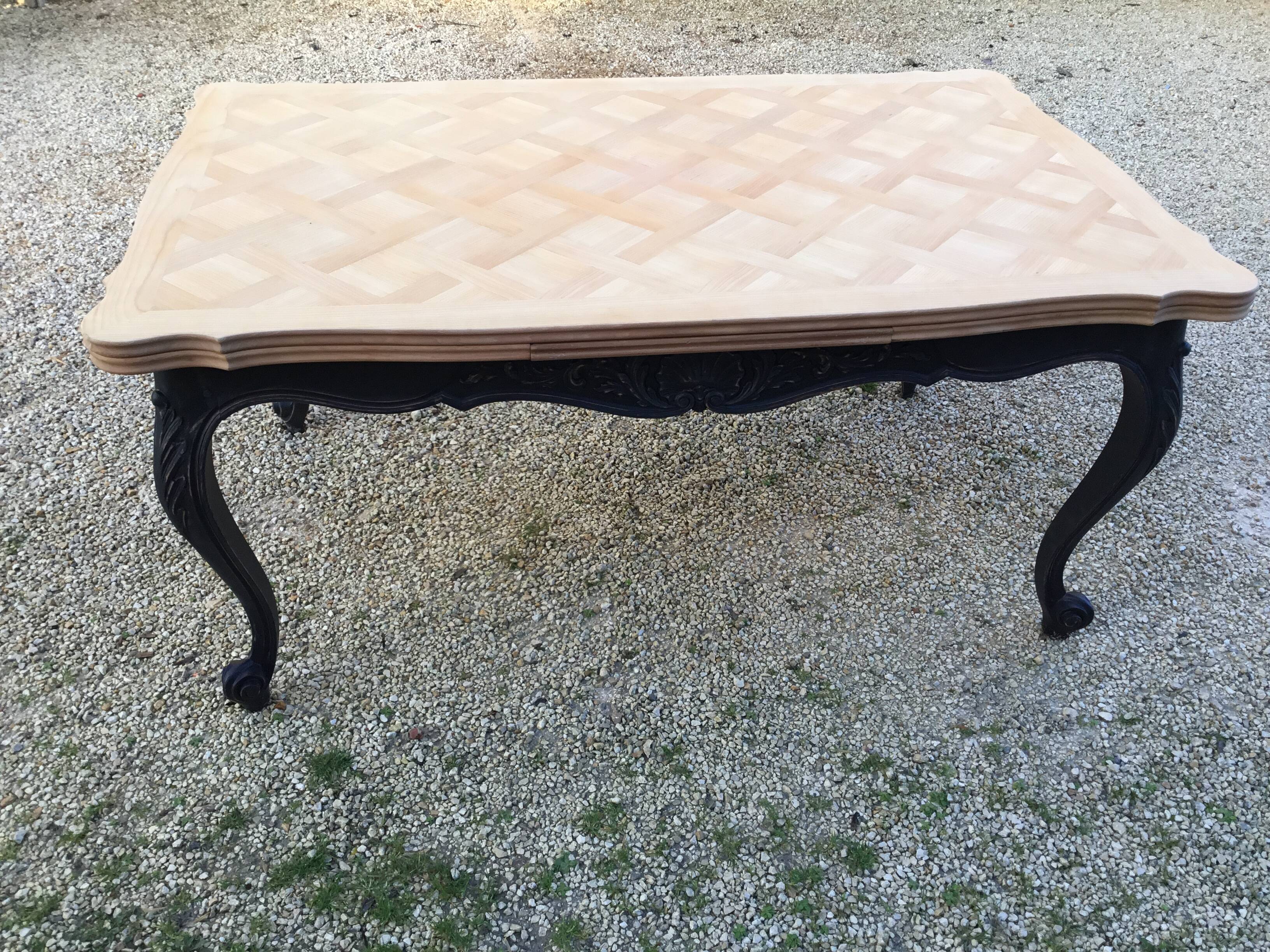 Louis XV style table in cherry wood restyled base in black and raw wood top