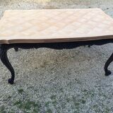 Louis XV style table in cherry wood restyled base in black and raw wood top