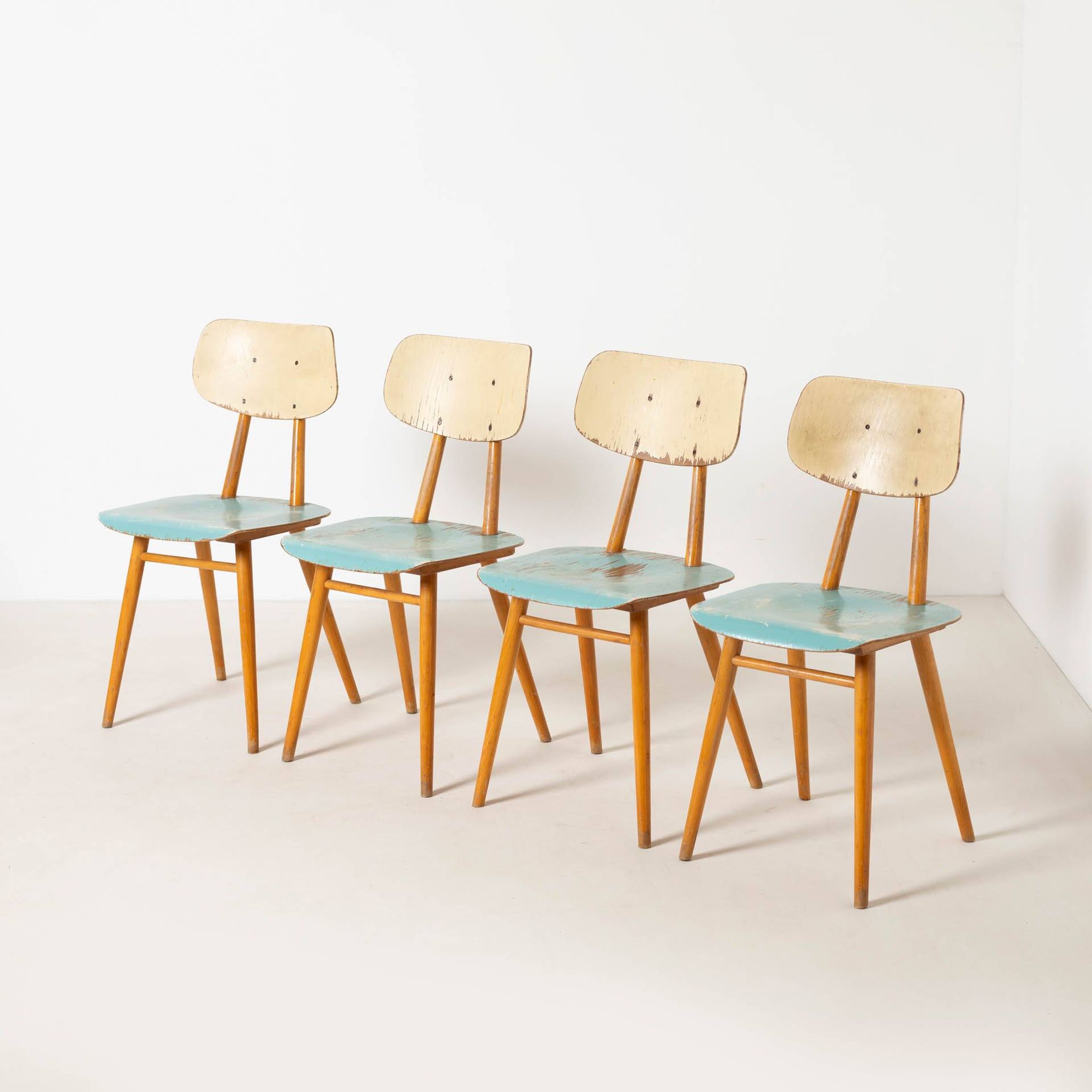 Set of 4 midcentury dining chairs from TON, blue painted plywood, 1960S