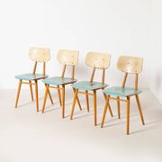 Set of 4 midcentury dining chairs from TON, blue painted plywood, 1960S
