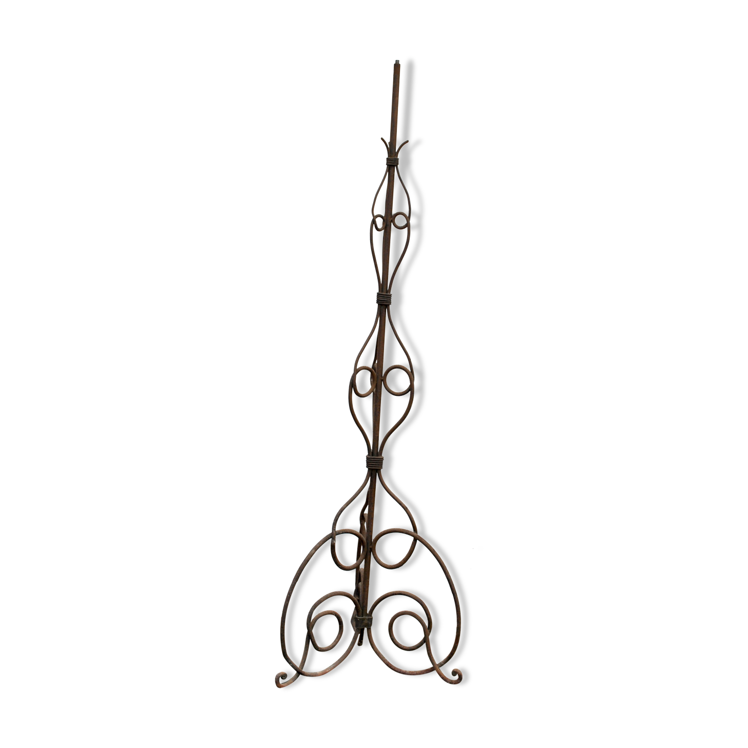 Vintage wrought iron lamp foot, volutes tripod floor lamp