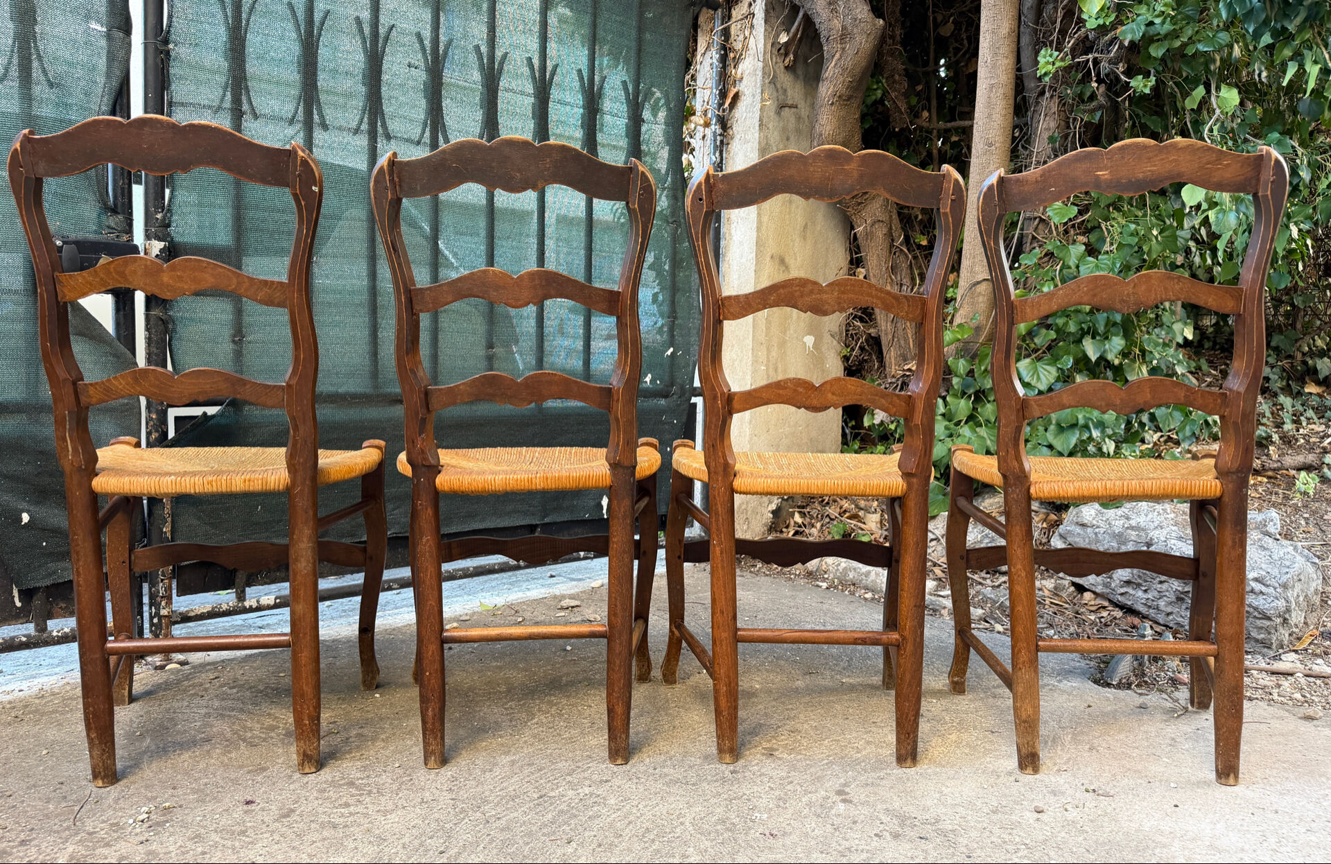 Set of 4 Provençal oak chairs with rush seats.