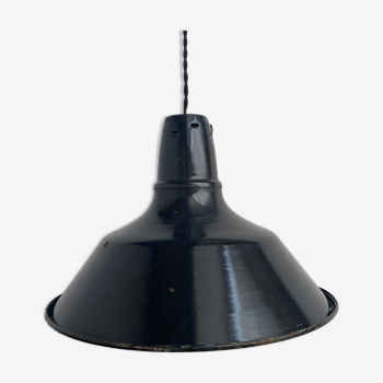 Ancienne lampe suspension emaillee noire 40 cm