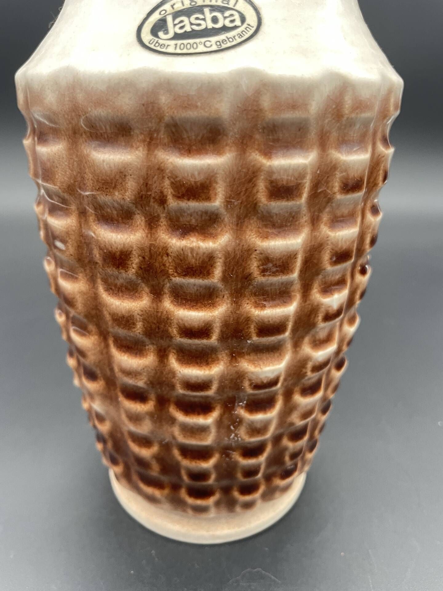Vintage Jasba ceramic vase – brown and white geometric relief – A