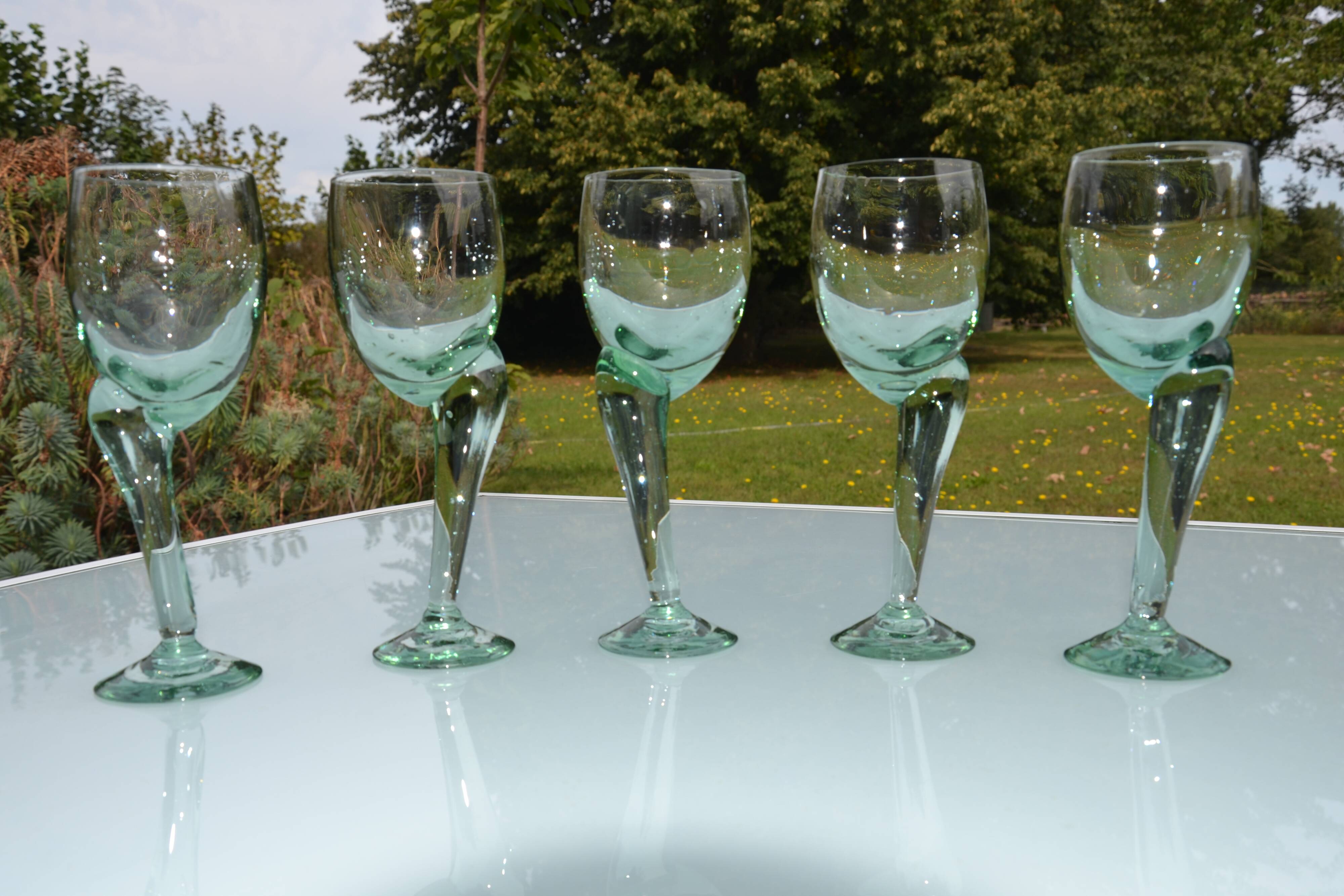 Hand-blown, bubbled stemmed glasses with offset feet