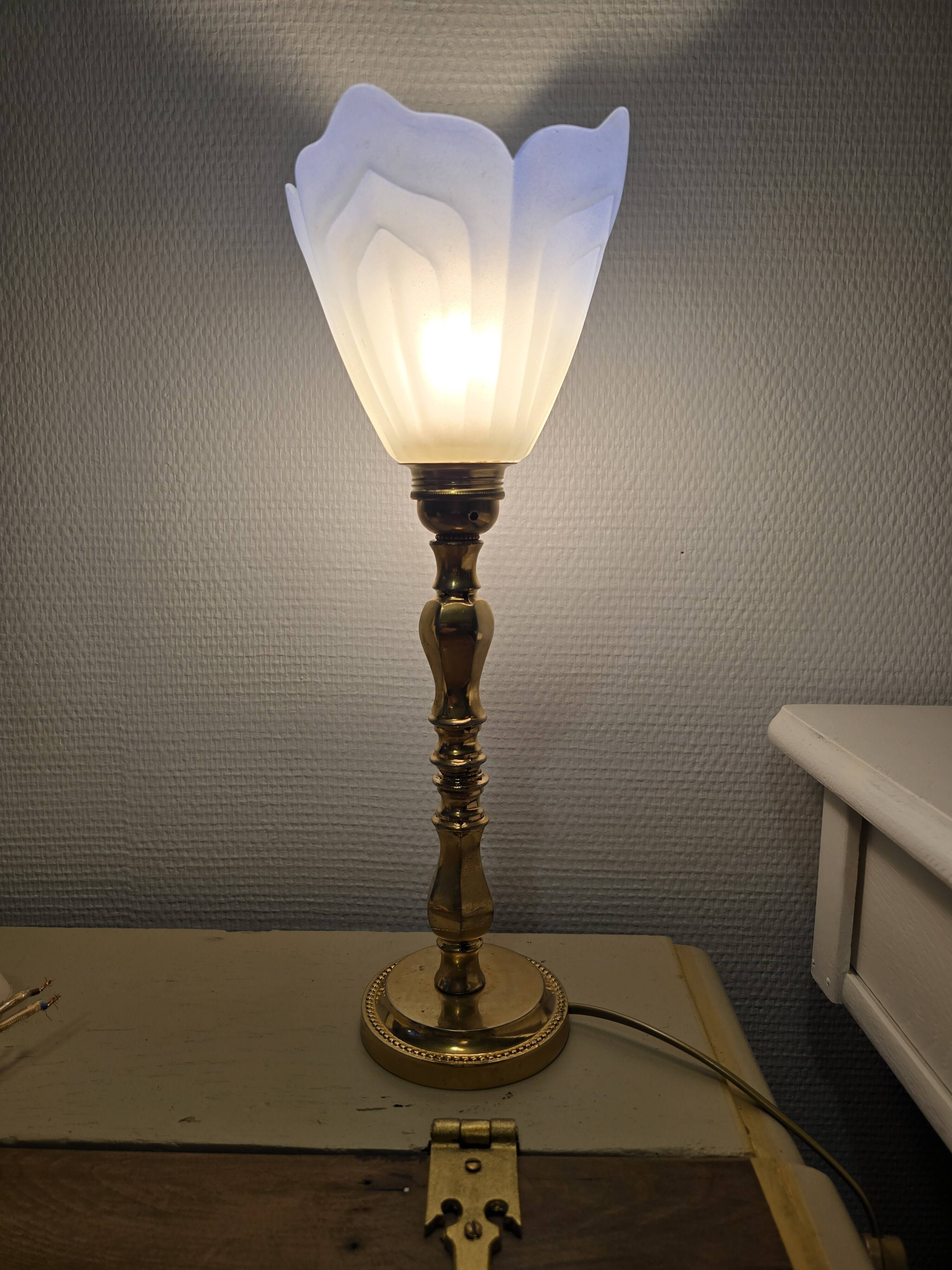 Blue and gold brass table lamp with opaline tulip Art Nouveau