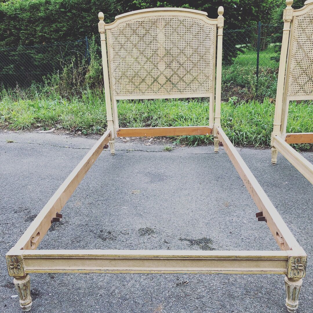 Pair of twin bed Louis XVI caned painted patinated