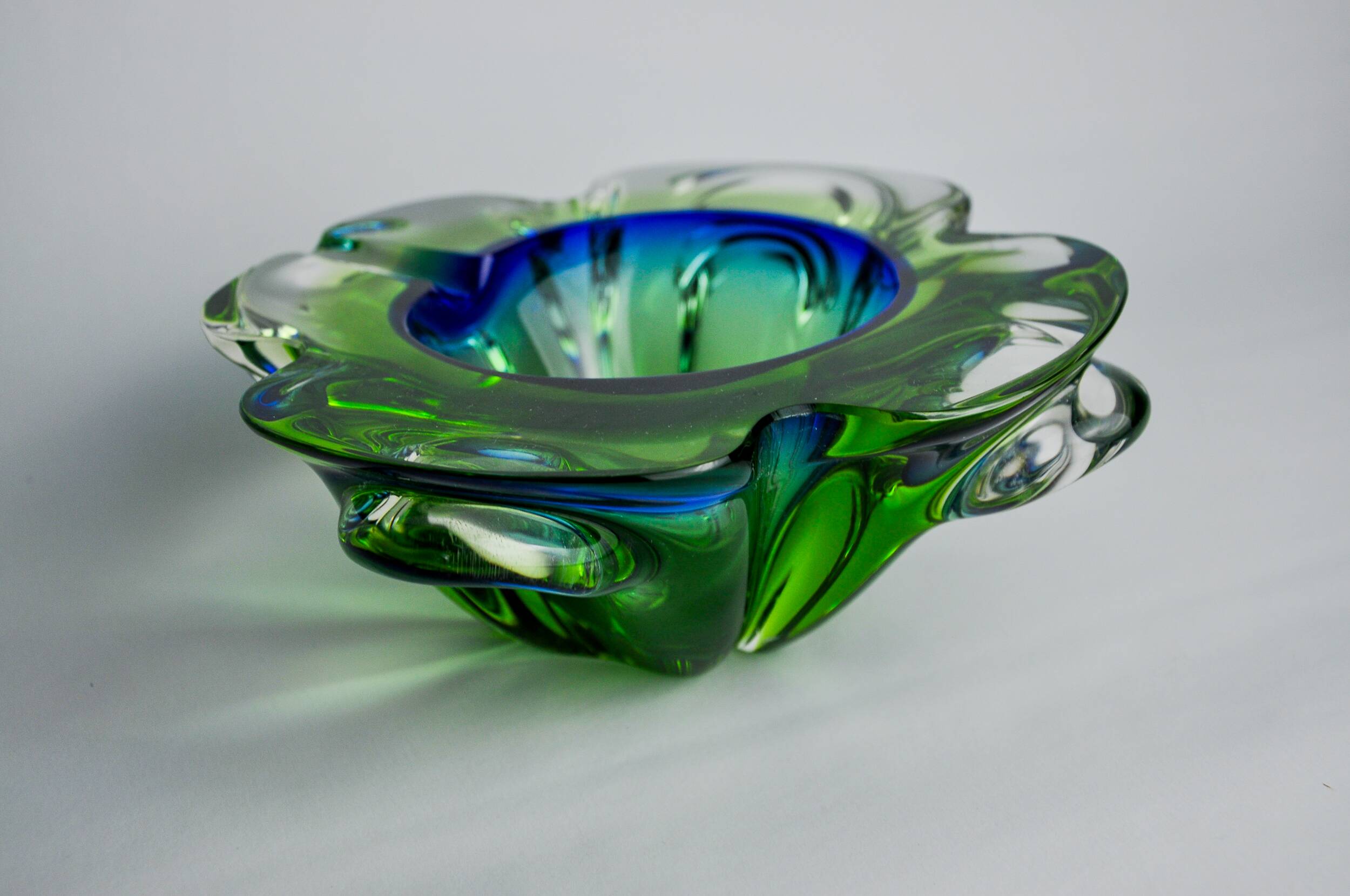 Sommerso green and blue pocket emptier by Flavio Poli for Seguso, Murano glass, Italy, 1970