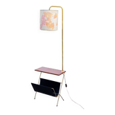 Golden metal floor lamp wooden shelf magazine holder of the 50s