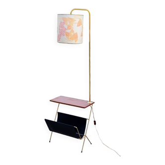 Golden metal floor lamp wooden shelf magazine holder of the 50s