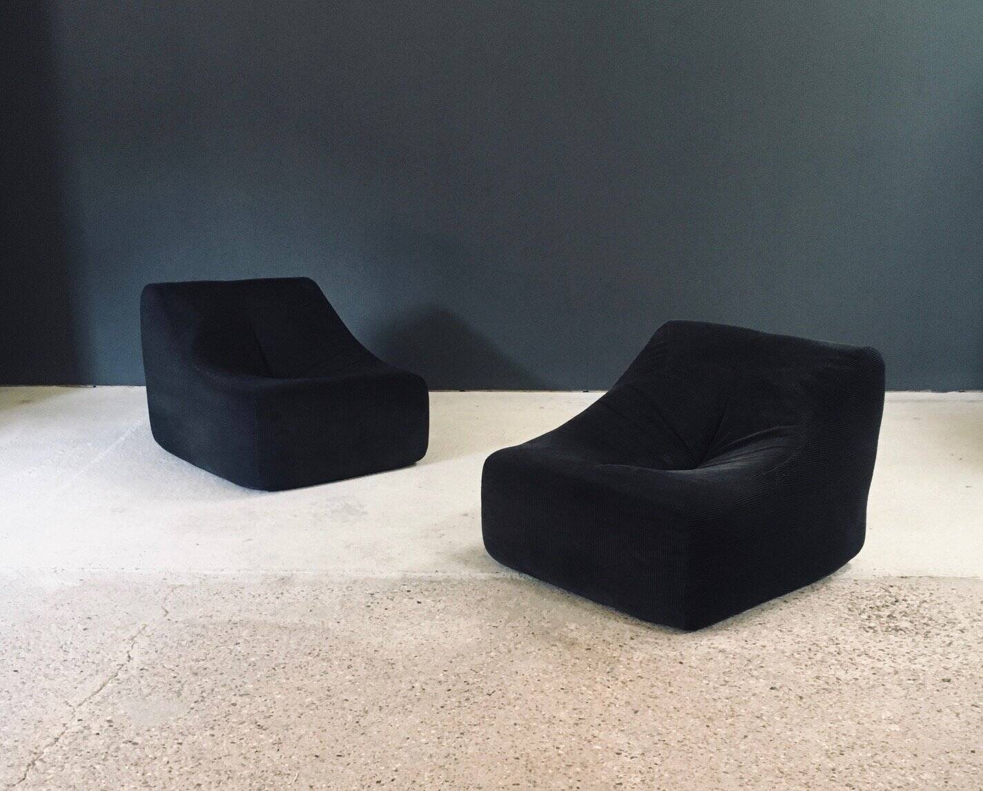 Mid-Century Modern French Corduroy Lounge Chairs, 1970s, Set of 2