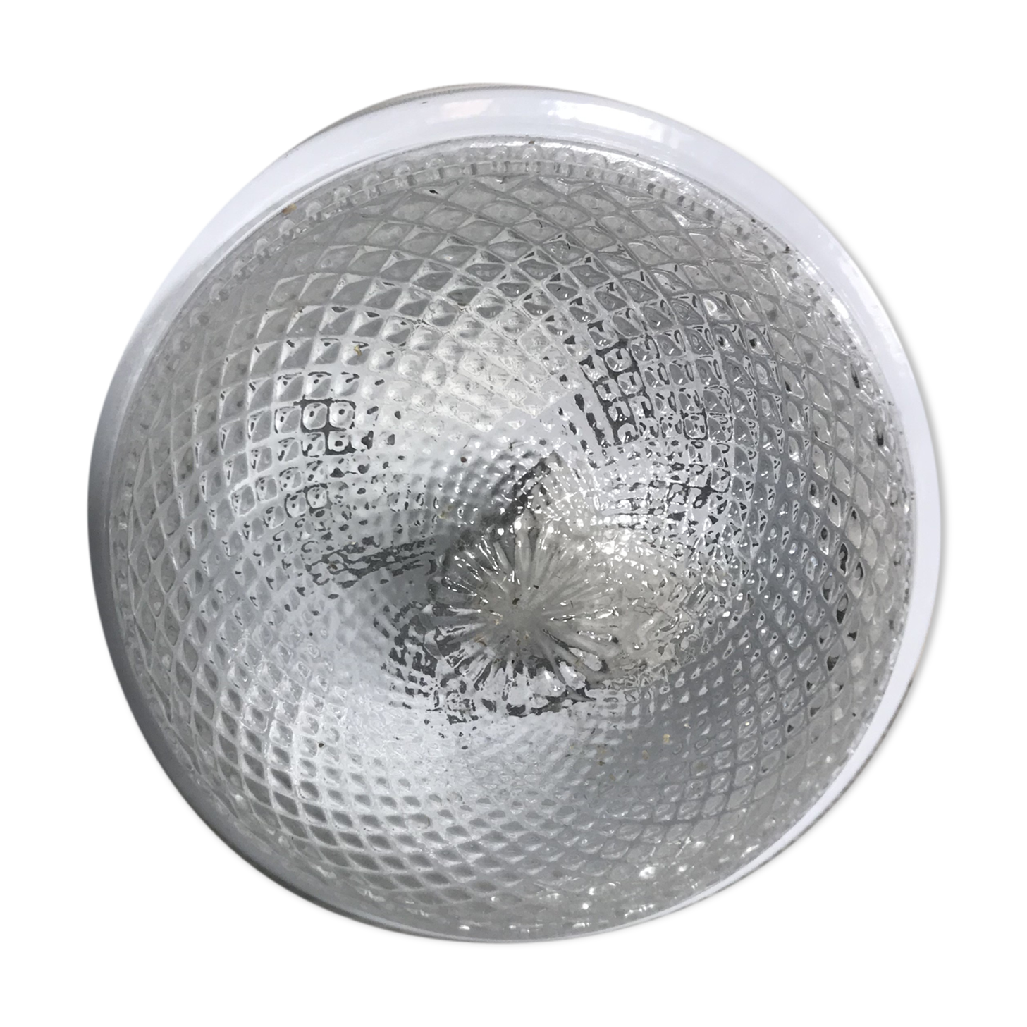 Old ceiling light molded glass vintage white metal support