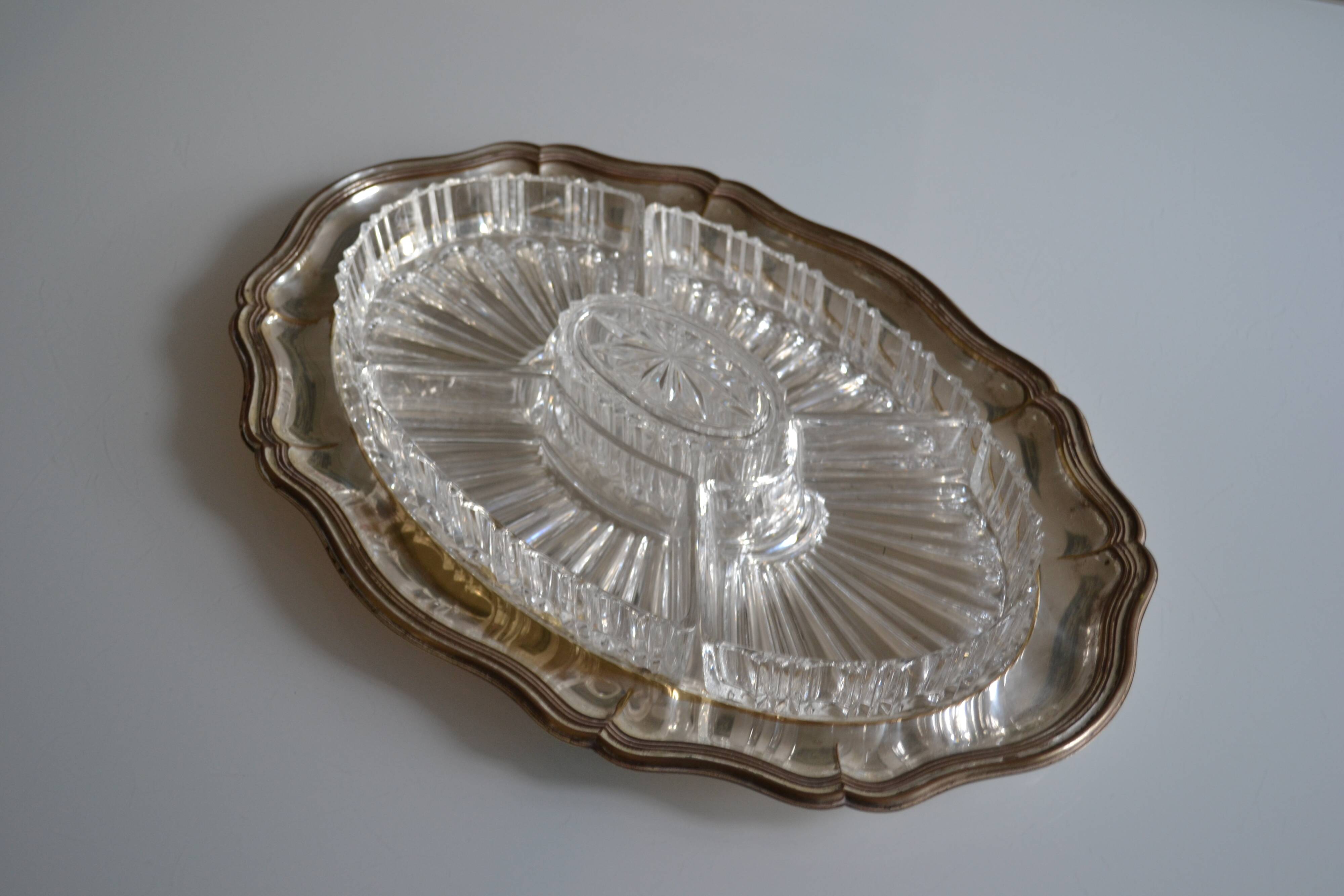 Silver-plated metal aperitif serving tray with HKE hallmark and glass.