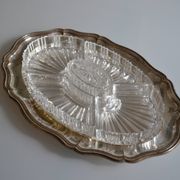 Plat serviteur apéritif métal argenté poinçon HKE et verre