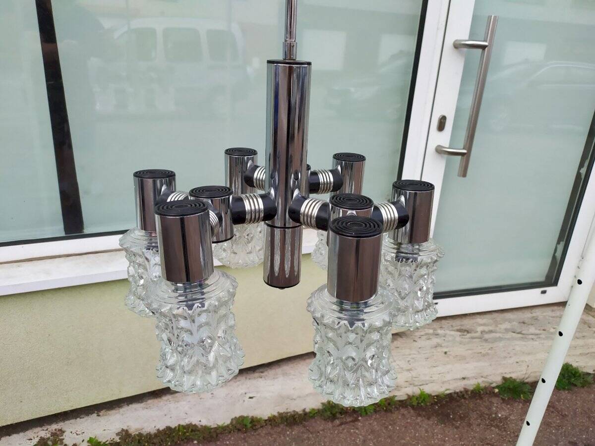 Vintage ceiling light in chrome-plated and cut glass, Targetti 1970 chandelier