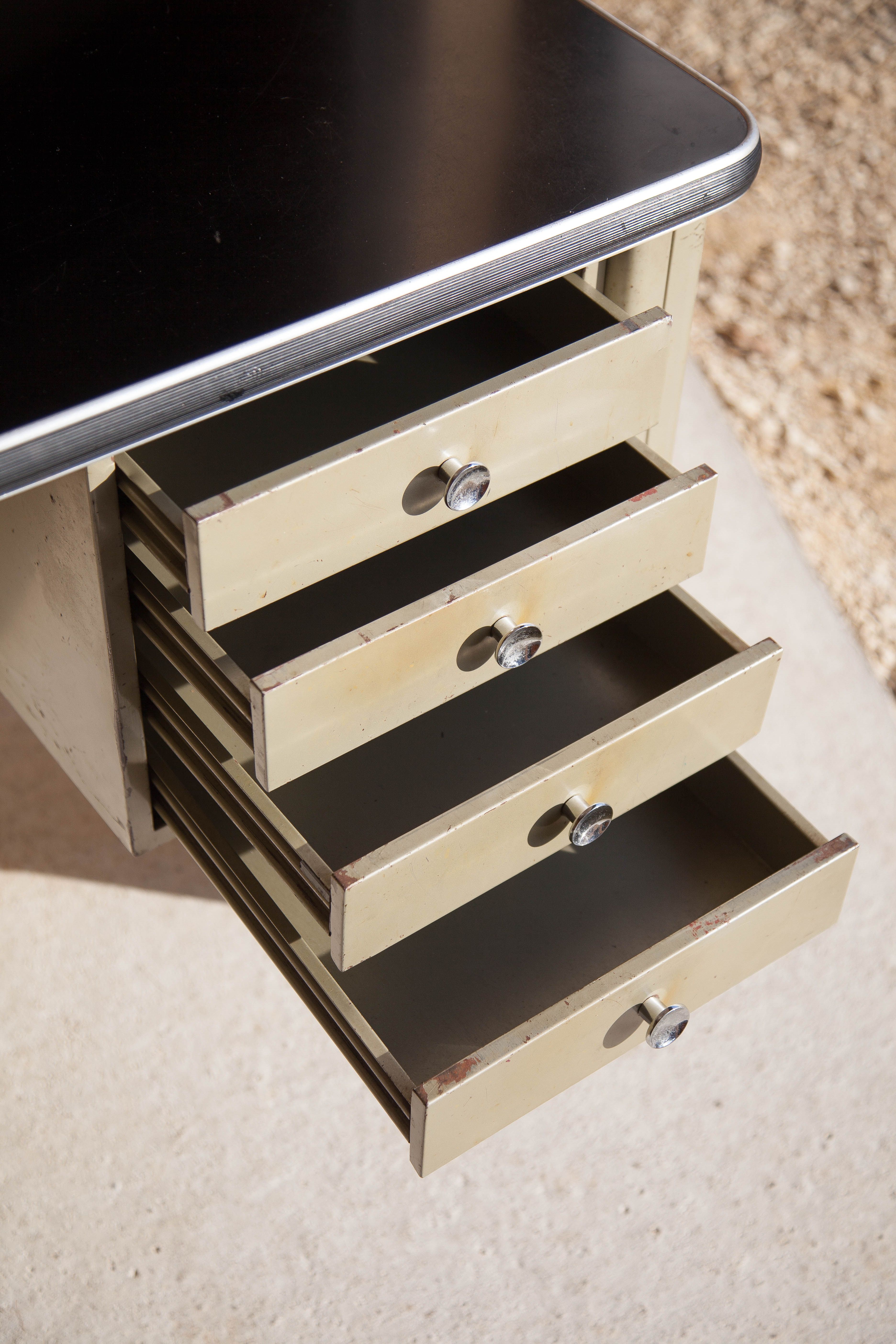 Vintage metal desk, desk with drawers and folding shelf, vintage desk