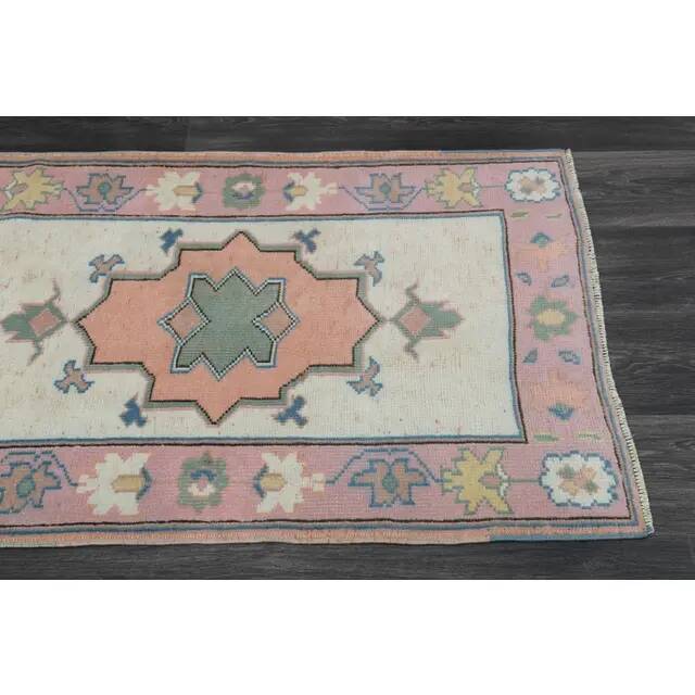 1970s Vintage Turkish Oushak Handmade Wool Cotton Orange Pink Rug  81x270