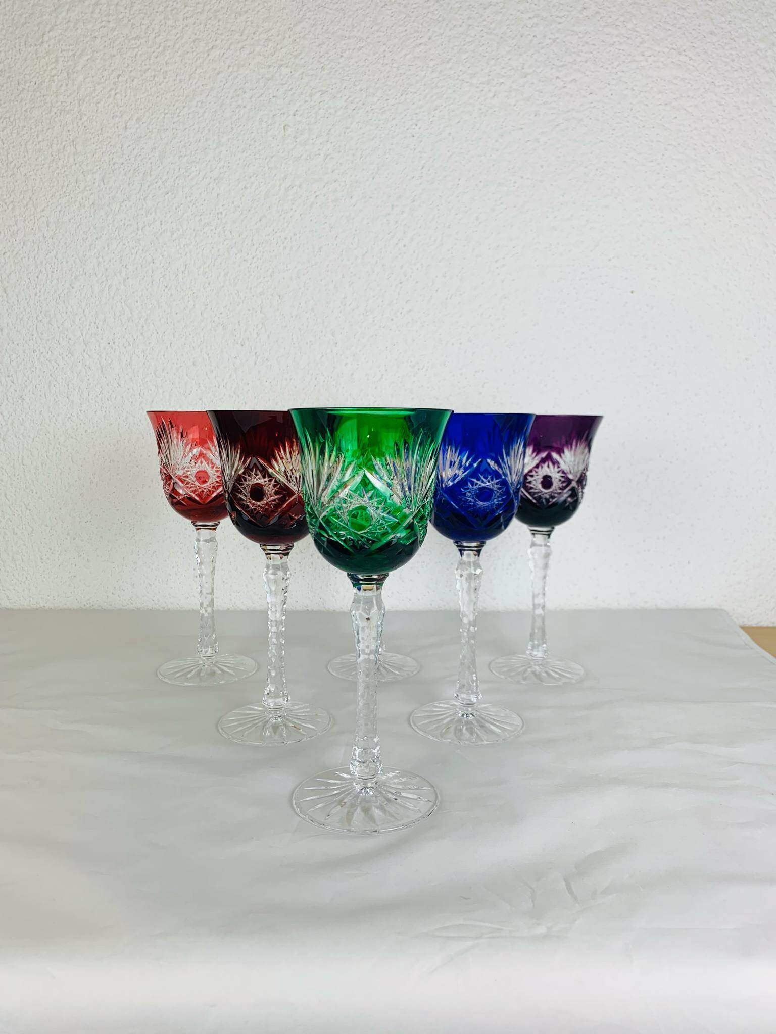 6 handmade crystal stemmed glasses from Lorraine, multi-colored