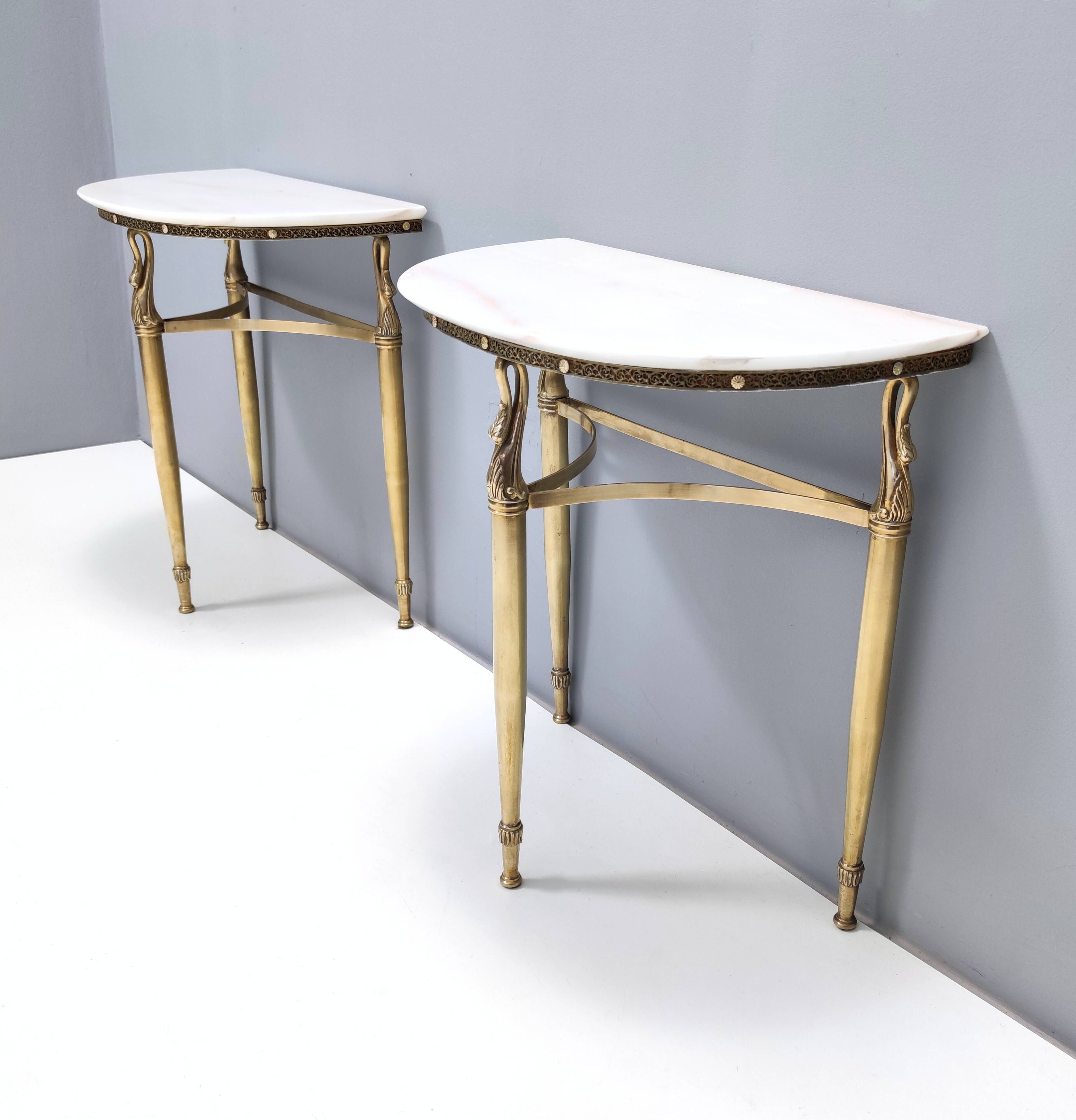Pair of Nightstands / Console Tables with Marble Tops and Brass Legs, Italy