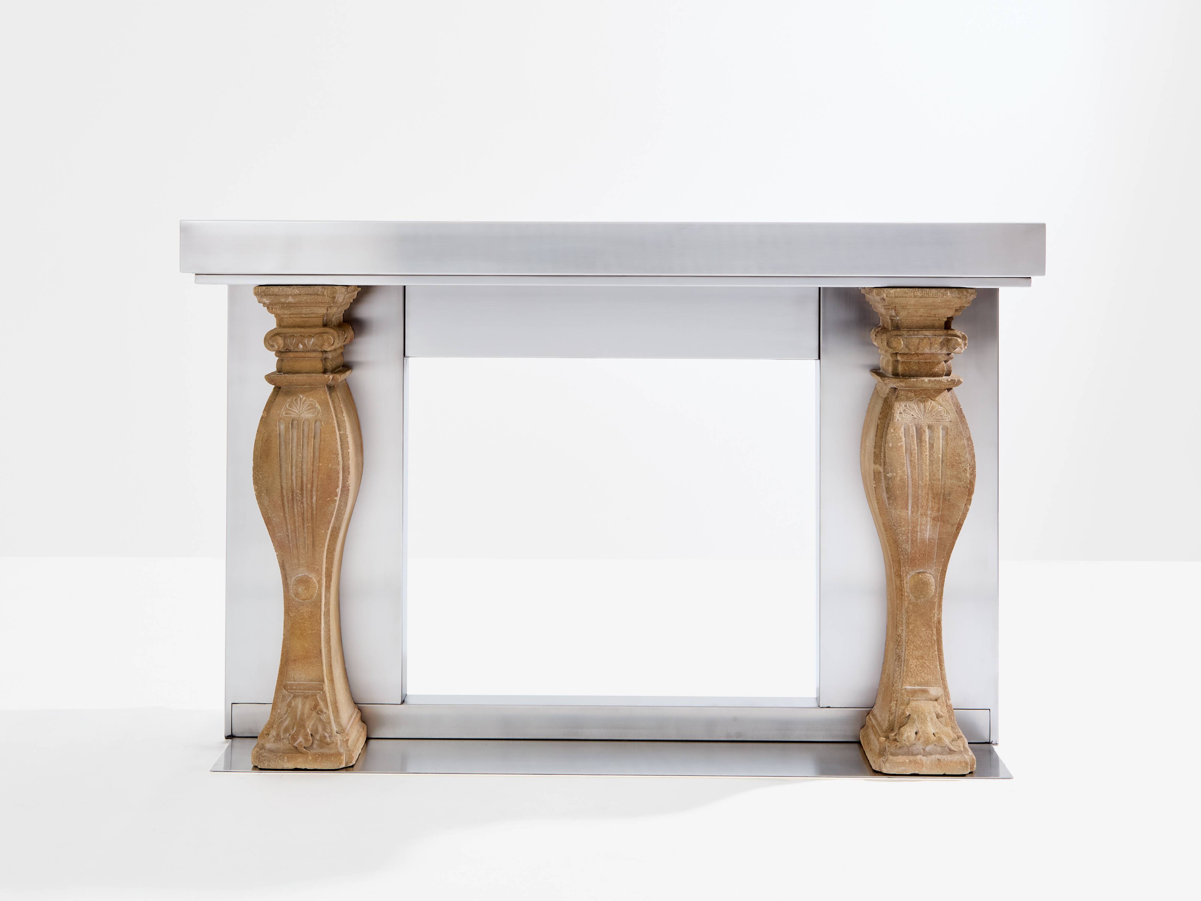 Maison Jansen fireplace mantel brushed steel cut stone 1968