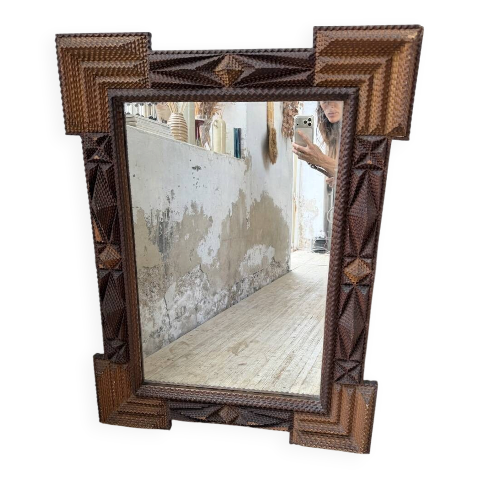 Tramp art mirror 1900 folk art France
