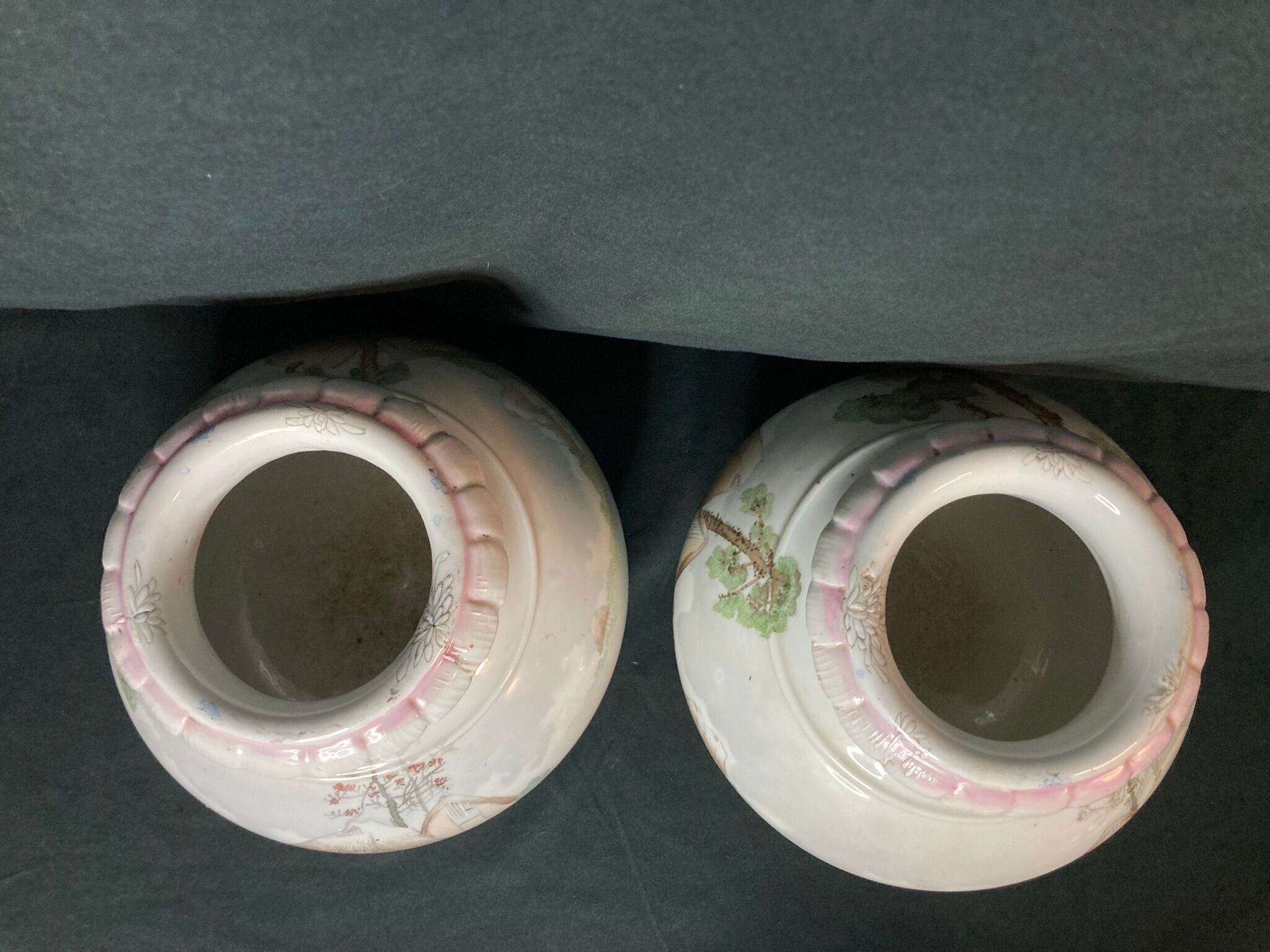 Pair of porcelain ball vases with cottage decor, late 19th century