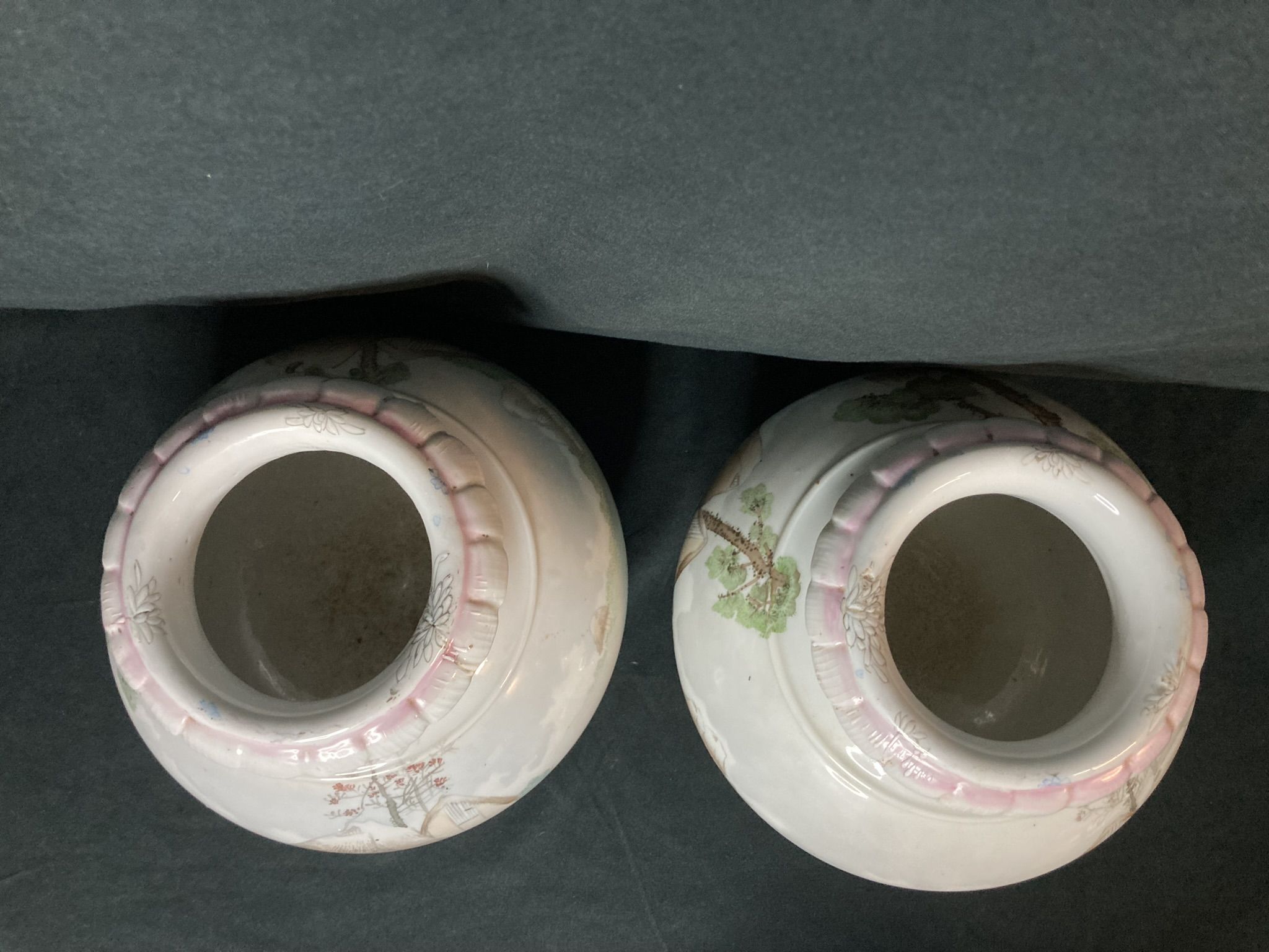 Pair of porcelain ball vases with cottage decor, late 19th century