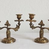 2 vintage gilded brass two-arm candlesticks
