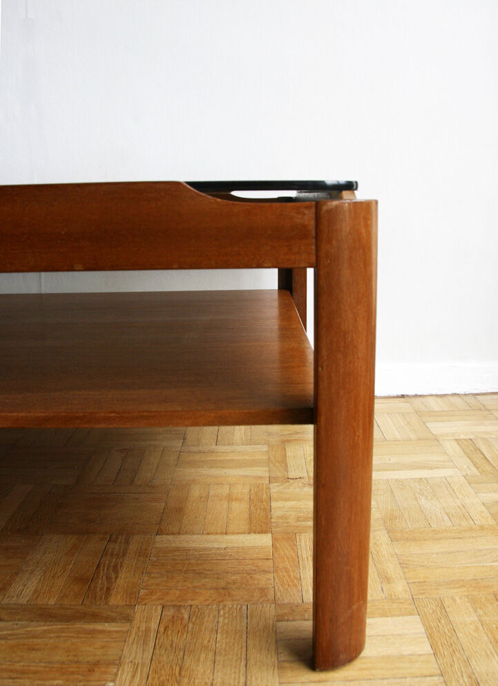 Table basse carrée en teck et verre - 1970