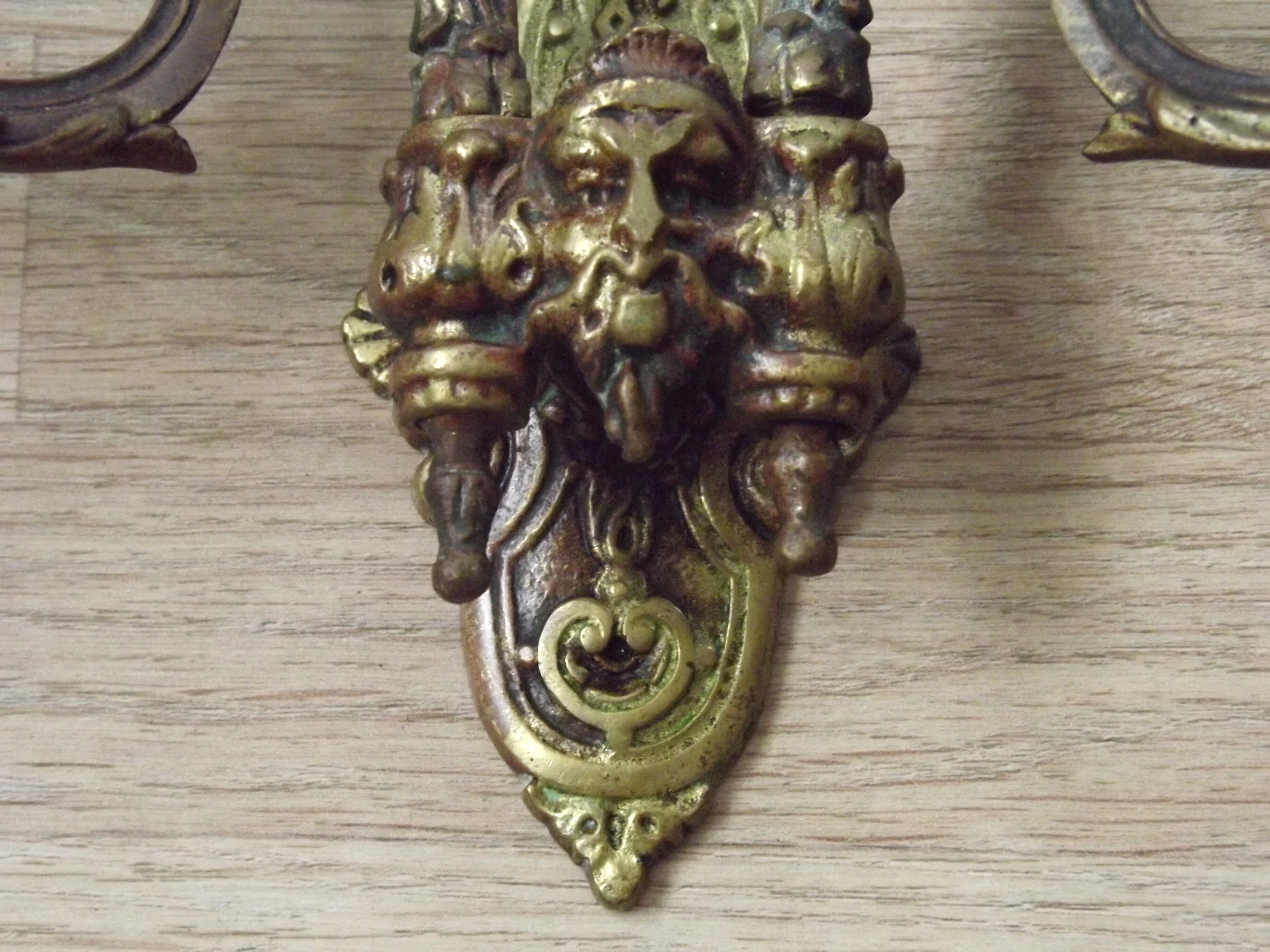 Antique French Gothic Dragon Bronze Double Piano Sconce Signed L. Pinet